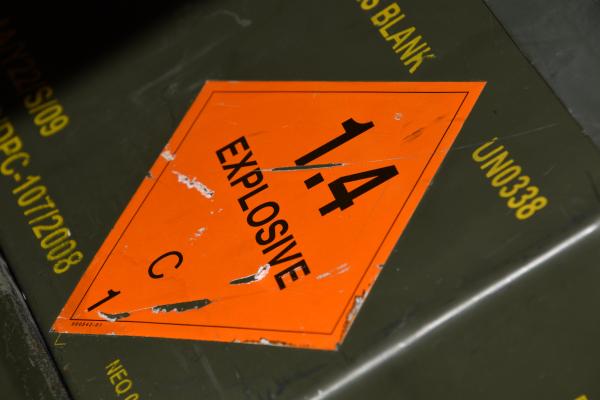 Ammunition metal box with explosives sticker